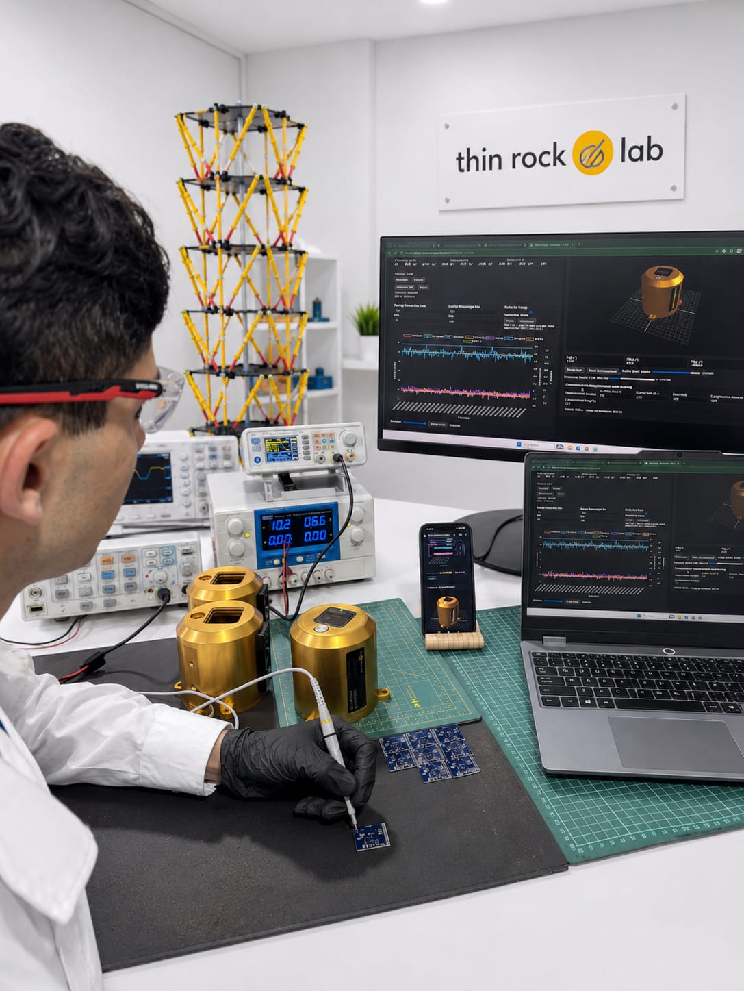 Equipo Thin Rock Lab ensamblando sensores en laboratorio